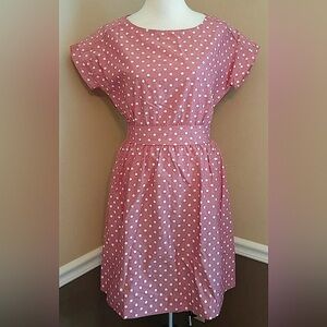 Pink-Red & White Polka Dot A-Line Short Sleeves Pinup Style ModCloth Dress NEW